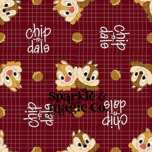 May include: A repeating pattern on a dark red background featuring cartoon chipmunks, small brown acorns, and white text that reads chip-n-dale. The text Sparkle & magic Co. is overlaid in black across the center of the design with a white grid.