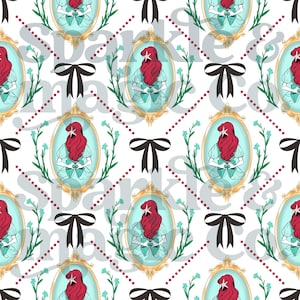 May include: A repeating pattern featuring oval portraits of a mermaid with red hair and a starfish, framed in gold. The design includes black bows, dotted lines, and floral elements on a white background. The overall theme is a whimsical, fairytale aesthetic.