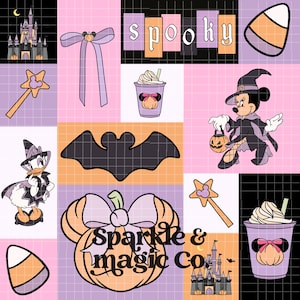 May include: A Halloween-themed collage with a grid pattern. It features illustrations of a castle, a bat, a pumpkin, a candy corn, a magic wand, and Disney characters Minnie and Daisy Duck in witch costumes. The word "spooky" is also displayed.