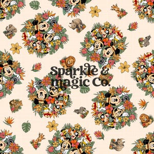 May include: A repeating pattern on a light cream background featuring Mickey and Minnie Mouse wearing safari hats and holding cameras, surrounded by tropical flowers, green leaves, and various wild animals. The text Sparkle & magic Co. is centered.