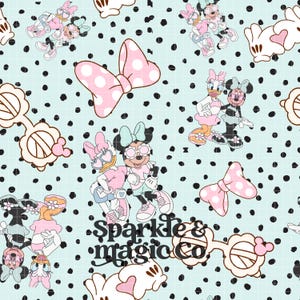 May include: A repeating pattern featuring Minnie Mouse, Daisy Duck, bows, and sunglasses in a pastel color palette. The design includes black polka dots and the text "Sparkle & Magic Co."
