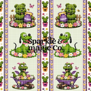 May include: A repeating pattern fabric featuring green topiary-style characters including a bear with a honey pot labeled Hunny, a dog, and a dragon in a wheelbarrow, interspersed with potted Mickey-shaped topiaries and the text Sparkle & magic co.
