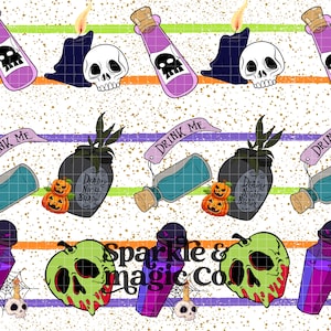 May include: A repeating pattern with Halloween motifs. It showcases skulls, potion bottles with skull labels, pumpkins, and banners with the text "DRINK ME". The design incorporates purple, green, and orange hues.