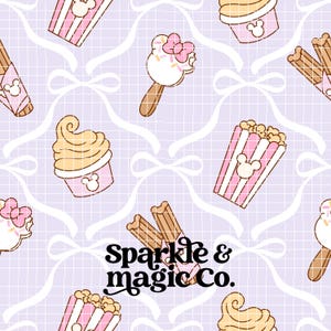 May include: A repeating pattern featuring cartoon illustrations of theme park treats. The design includes ice cream bars, popcorn, churros, and cupcakes in pink, white, and tan colors. The background is a light purple grid with white bow accents. The text "Sparkle & Magic Co." is also present.