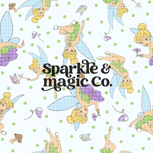 May include: A repeating pattern on a light blue grid background featuring cartoon fairies with blonde hair in buns, green dresses, and blue wings. The design includes small purple flowers, butterflies, and green dots. The text Sparkle & magic Co. is centered.