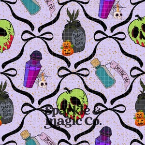 May include: A repeating pattern with Halloween illustrations. It features poison bottles, skull-shaped apples, pumpkins, and black bows on a lavender background. The text "Drink Me" and "Deadly Night Shade" are visible.