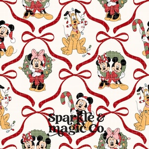May include: A repeating pattern on a cream background featuring Mickey Mouse, Minnie Mouse, and Pluto with Christmas themes including wreaths, candy canes, and string lights, framed by red ribbons and bows, with the text Sparkle & magic Co.