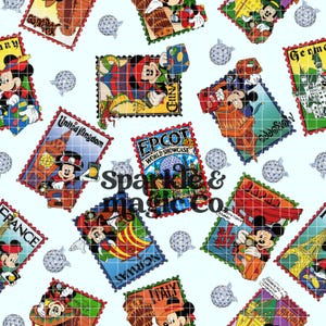 May include: A light blue fabric pattern featuring postage stamp illustrations of Mickey Mouse visiting various countries, including the United Kingdom, China, and Japan, interspersed with small silver geodesic sphere icons.