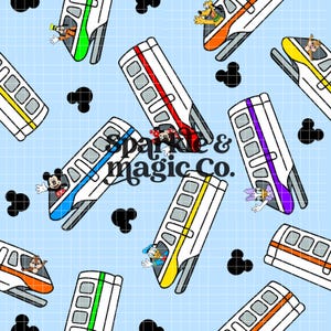 May include: A light blue fabric pattern featuring white monorail trains with colored stripes, each carrying a different cartoon character. Black Mickey Mouse head silhouettes are scattered throughout. The text Sparkle & magic Co. is centered.