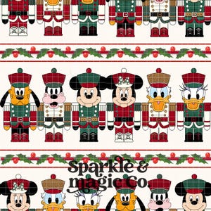 May include: A repeating pattern featuring cartoon characters dressed as nutcrackers in red, green, and white uniforms. The design includes holly berry garlands and the text Sparkle & magic Co. The characters include Mickey, Minnie, Donald, Daisy, and Pluto.