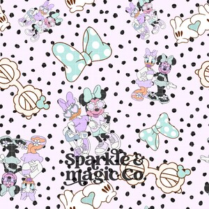 May include: A repeating pattern featuring cartoon characters Minnie Mouse and Daisy Duck in various poses, along with bows and sunglasses. The background is light pink with black polka dots. The text "Sparkle & Magic Co" is also present.