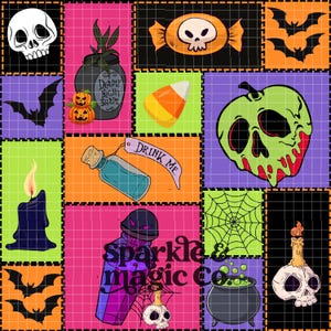 May include: A patchwork design with Halloween illustrations. Includes a skull, bats, pumpkins, a poison bottle with the text "Deadly Nightshade", a candy, a poison apple, a potion bottle with "Drink Me" tag, a spider web, a cauldron, and the text "Sparkle & Magic Co."