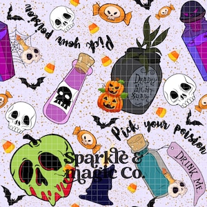 May include: A Halloween-themed design with skulls, pumpkins, potion bottles, and bats. The words "Pick your poison" and "Drink Me" are visible. The design includes the text "Deadly Nightshade" and "Sparkle & Magic Co."