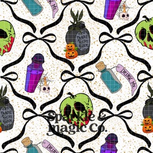 May include: A repeating pattern with Halloween motifs on a white backdrop with gold flecks. It features poison bottles, skull-shaped apples, pumpkins, and black bows. The text "DRINK ME" and "DEADLY NIGHT SHADE" are visible in the design.