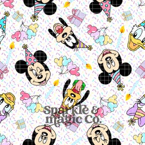 May include: A repeating pattern featuring cartoon character faces wearing party hats, colorful balloons, gift boxes, and lit candles on a white background with multi-colored sprinkles. The text Sparkle & magic Co. is printed in the center.