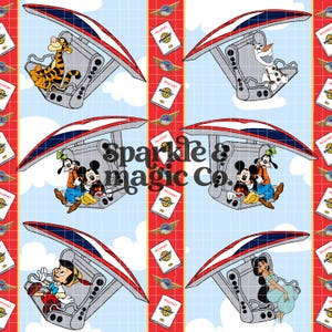 May include: A repeating fabric pattern featuring Disney characters Tigger, Olaf, Mickey Mouse, Goofy, Pinocchio, and Jasmine riding in hang gliders against a light blue sky with clouds, interspersed with passport booklets and the text Sparkle & magic Co.