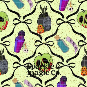 May include: A repeating pattern featuring Halloween-themed illustrations. The design includes poison bottles, pumpkins, skulls, and the text "Drink Me" and "Deadly Night Shade." Black ribbons and a speckled background complete the spooky aesthetic.