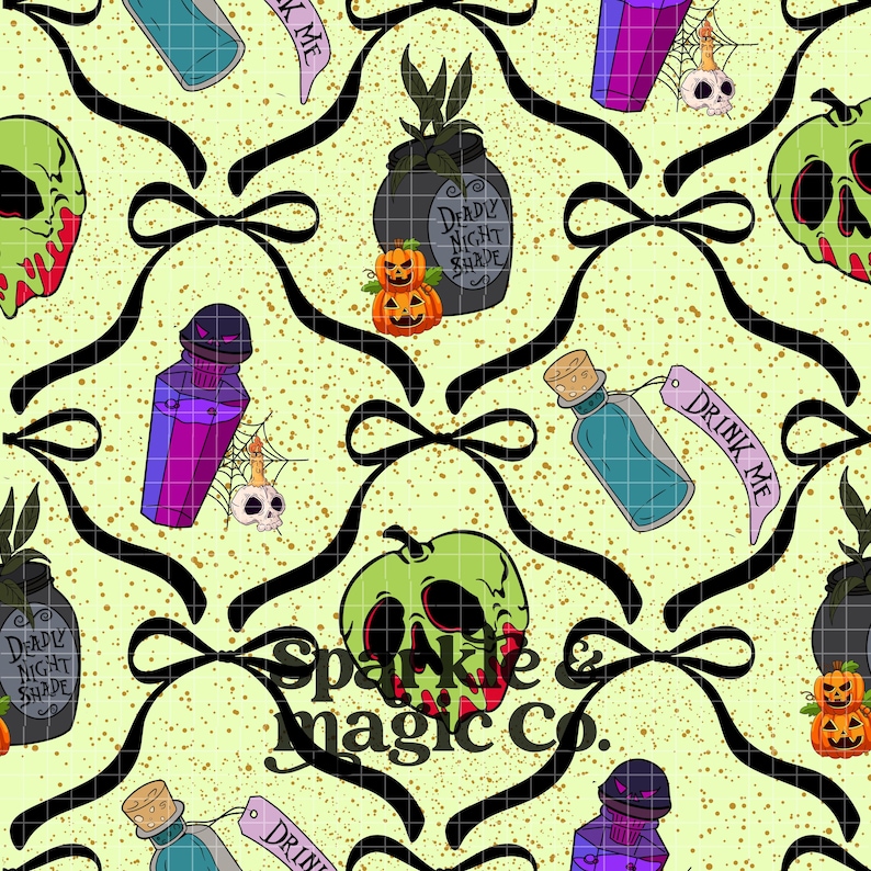 May include: A repeating pattern featuring Halloween-themed illustrations. The design includes poison bottles, pumpkins, skulls, and the text "Drink Me" and "Deadly Night Shade." Black ribbons and a speckled background complete the spooky aesthetic.