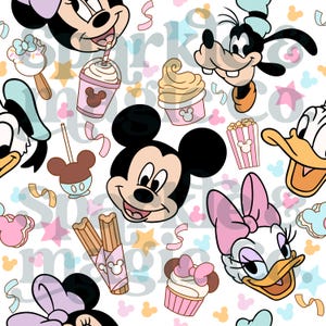 May include: A seamless pattern featuring Mickey Mouse, Minnie Mouse, Donald Duck, Daisy Duck, and Goofy. The design includes various treats like popcorn, cupcakes, and churros, along with stars and ribbons, all on a white background.