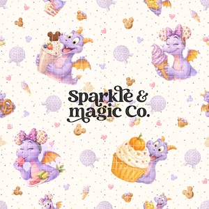 May include: A seamless pattern featuring purple dragons with yellow wings, various snacks like cupcakes, ice cream, and pretzels, and small geodesic dome icons on a cream background with polka dots. The text Sparkle & magic Co. is centred.