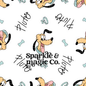 May include: A repeating pattern on a white background featuring the cartoon dog Pluto with a light blue collar, light blue bones, and the text Pluto written in black script. The text Sparkle & magic Co. is centered in black lettering.