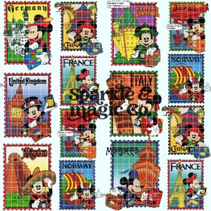 May include: A collection of postage stamp-style illustrations featuring Mickey Mouse traveling to various countries including Germany, China, Canada, Japan, United Kingdom, France, Italy, Norway, Mexico, and Morocco, with the text Sparkle & magic co.