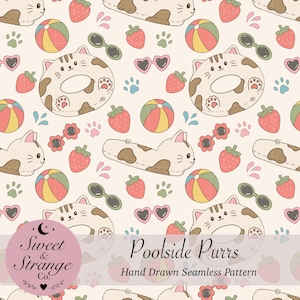 May include: A seamless pattern featuring illustrations of cats shaped like pool floats, strawberries, colorful beach balls, sunglasses, and paw prints on a cream background. The text reads Sweet & Strange Co. Poolside Purrs Hand Drawn Seamless Pattern.