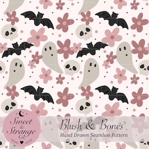 May include: A seamless pattern featuring black bats, beige ghosts, off-white skulls, and dusty pink flowers on a light pink background with small dots. A circular logo in the corner reads Sweet & Strange Co. and text reads Blush & Bones Hand Drawn Seamless Pattern.