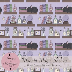Moonlit Magic Shelves Seamless Pattern | Witchy Bookshelf Digital Paper | Black Cat Pattern | Potion Bottles | Hand Drawn PNG