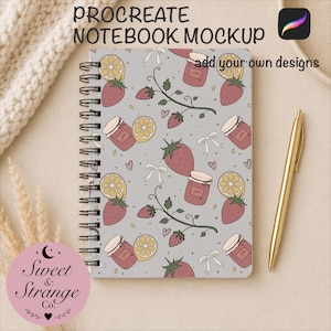May include: A spiral-bound notebook featuring a repeating pattern of strawberries, lemon slices, jam jars, and small white bows on a light gray background. A gold pen is positioned to the right of the notebook. Text reads PROCREATE NOTEBOOK MOCKUP.