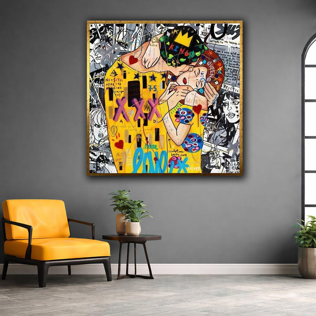 Urban Love Embrace, Graffiti Style Canvas Wall Art, Modern Street Art ...