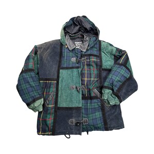 Chaqueta Global Identity G-III para hombre, talla M, color verde a cuadros, patchwork, piel, capucha con cierre de palanca.