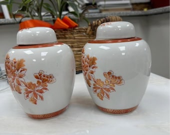 Pair of Japanese Porcelain Ginger Jars- Orange Floral Pattern-Decorative Lidded Vases