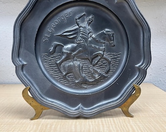 Vintage Pewter St. George Dragon Plate, Medieval Knight Relief Wall Hanging, European Pewter Charger,