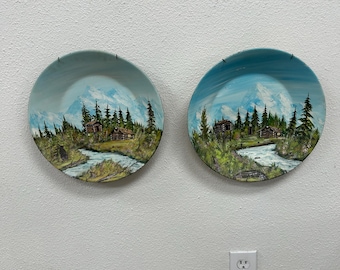 Hand Painted Alaska Plates by Bud Konesky 1961, Mountain Cabin Landscape Wall Art
