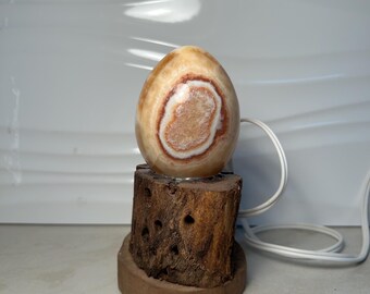 Banded Calcite Egg Lamp | Rustic Wood Base, Boho Night Light