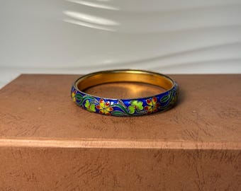 Vintage Cloisonné Floral Enamel Bangle – 6.5cm Blue Bracelet
