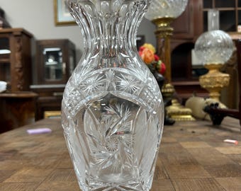 Vintage Hand Cut Crystal Flower Vase, Scalloped Rim Floral Design, Elegant 10 Inch