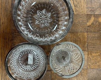 Vintage German Crystal Nesting Bowls, Silverplate Rims, Starburst Cut Serving Dishes