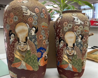 Vintage Japanese Satsuma Vases – Hand Painted Figural Pair, Gold Moriage