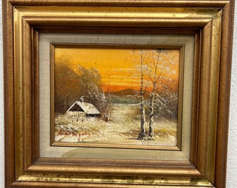 Signed Winter Cabin Oil Painting by Andre De Jong, Vintage Framed Landscape (16x18