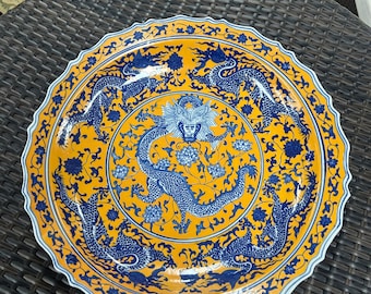 Vintage Chinese Dragon Charger Plate, 16" Hand-Painted Porcelain