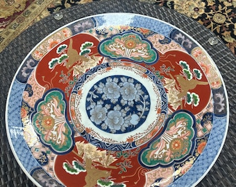 Large Kutani Style Charger Plate: 22" Hand-Painted Phoenix & Pine