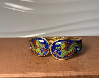 Vintage Cloisonné Dragon Bangle – Hinged Enamel Asian Statement Bracelet