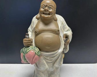 Vintage Wanjiang Mudman Buddha Statue – Chinese Traveler Figurine, Crackle Glaze
