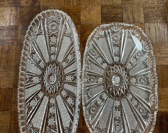 Vintage Cut Crystal Serving Platters Set, Starburst Hobstar Pattern, Heavy Lead Glass Trays