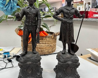 Pair of Antique Spleter Figurines-Victorian Man & Women Statues-Mantel Display