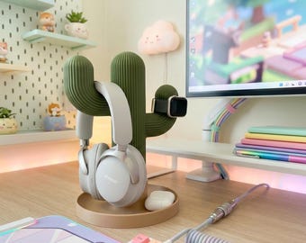 Cactus Headphone Stand 3D Printed | Cute Desk Organizer Kawaii Setup | Gaming Headset Holder | Aesthetic Desk Decor Gift