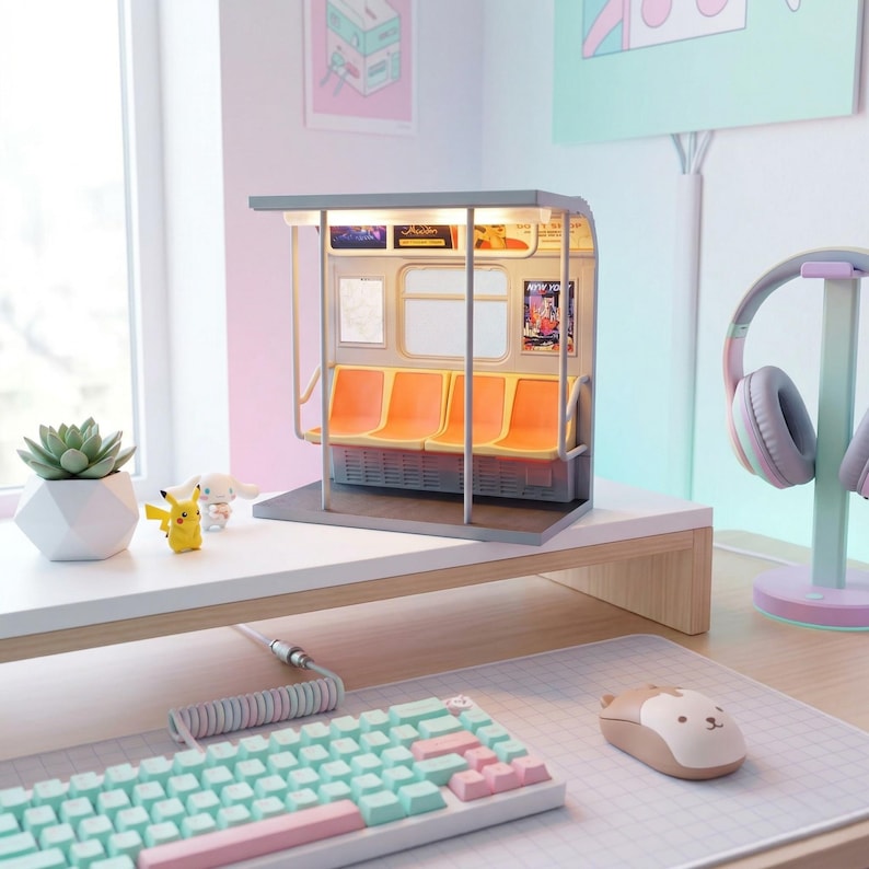 May include: A miniature subway station diorama with orange seats, a gray roof, and posters. The diorama is on a white desk with a mint green and pink keyboard, a mouse, and a succulent plant in a white geometric pot.