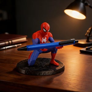 Può includere: Una statuetta di Spider-Man rossa, blu e bianca che tiene in mano una penna blu. La statuetta è inginocchiata su una base circolare nera. La penna è nera e blu. Lo sfondo include una scrivania, una lampada e un taccuino.